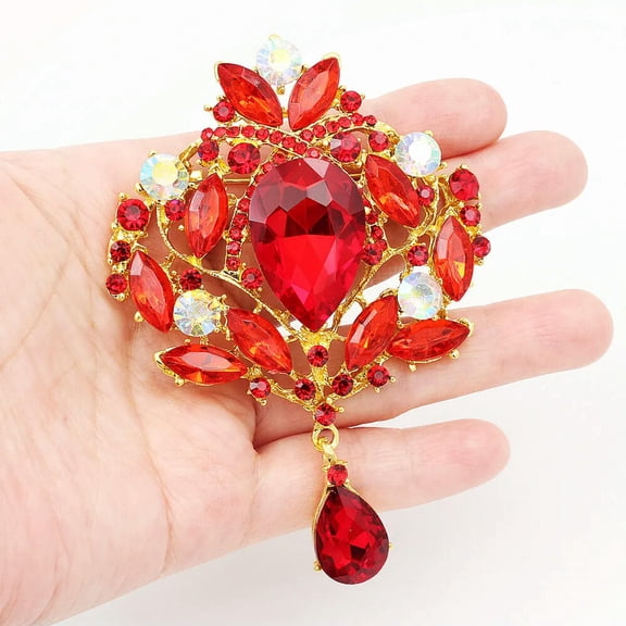 QQTDFG Women's Red Crystal Rhinestone Large Flower Gold Tone Brooch Pin Prom Gifts-default