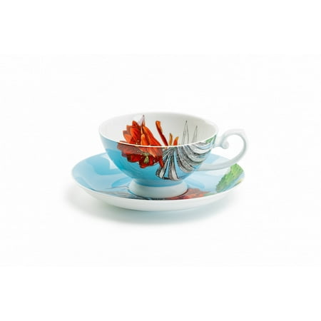 

Gracie Bone China Cactus Flower and Palm Leaf 8oz Bone China Tea Cup and Saucer
