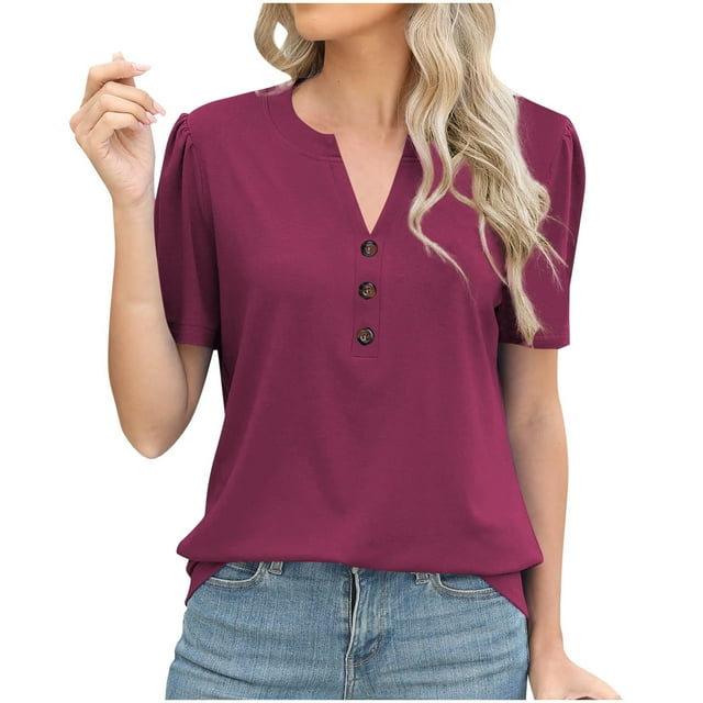 Plebaso Womens Tops V Neck Short Sleeve Casual Shirts Solid Color Loose Summer Tunic Blouses with Button
