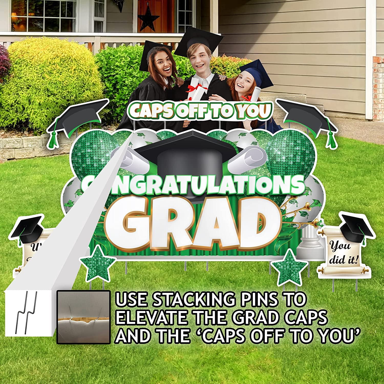 VictoryStore Oversized Green Congratulations Grad, Caps Off To You EZ Yard Card Set, 8 Pieces