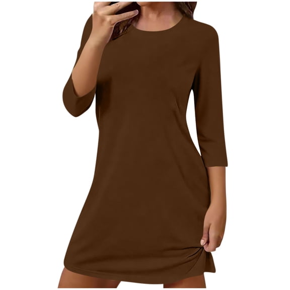 Sevevn Women's 3/4 Sleeve T-Shirt Dress Crew Neck Loose Fit Casual Swing Tunic Dresses Brown 2XL