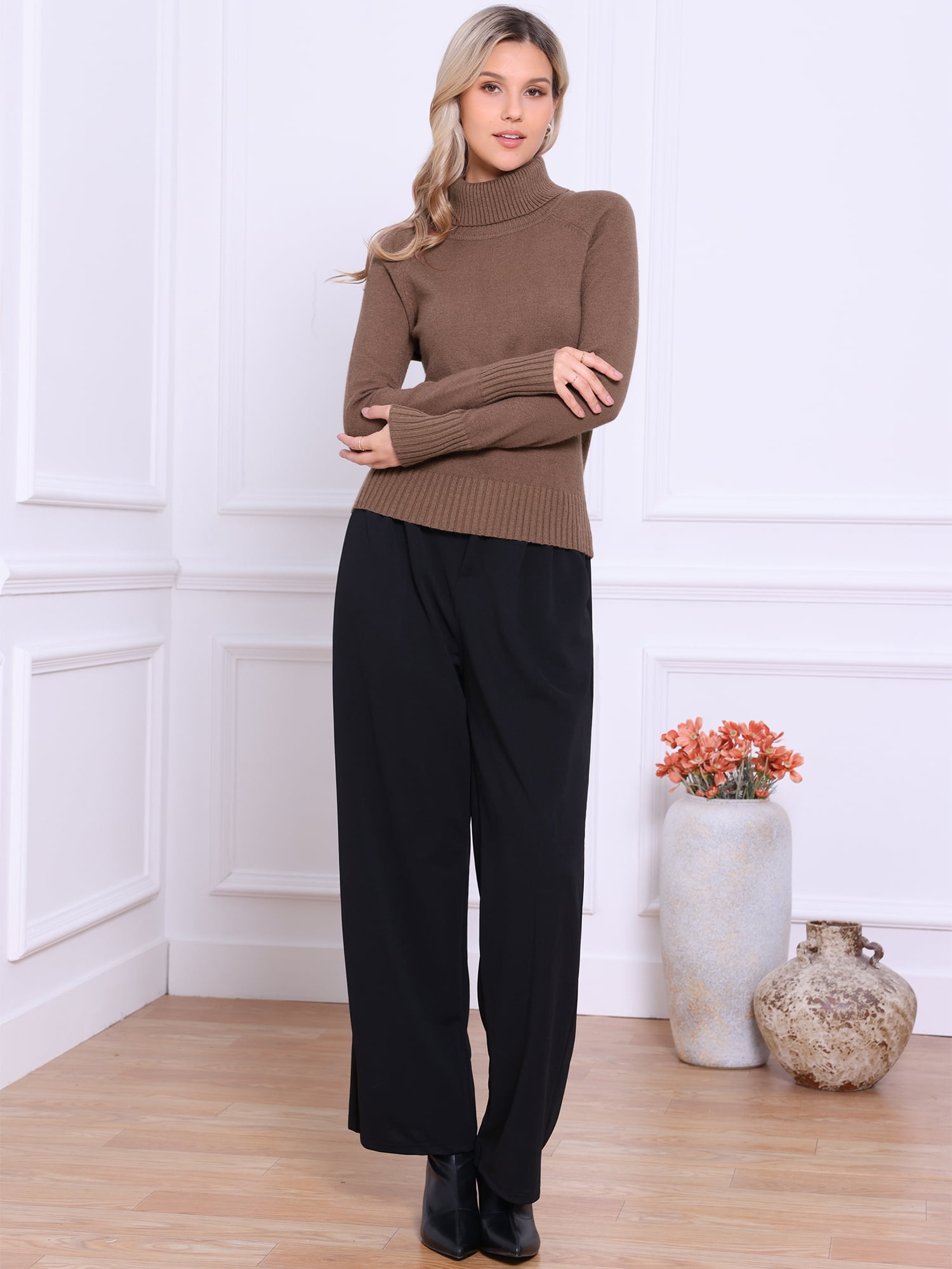 DARING DIVA Women's Turtleneck Sweater Spring Long Sleeve Ribbed Knit L Brown