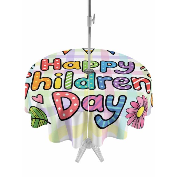 Outdoor Tablecloth with Umbrella Hole for Patio/Picnic/Party/Camping, Children's Day Waterproof Table Cloth Round Cover Washable, Cartoon Colorful Polka Dot Flowers Leaf Plaid (Dia 54")