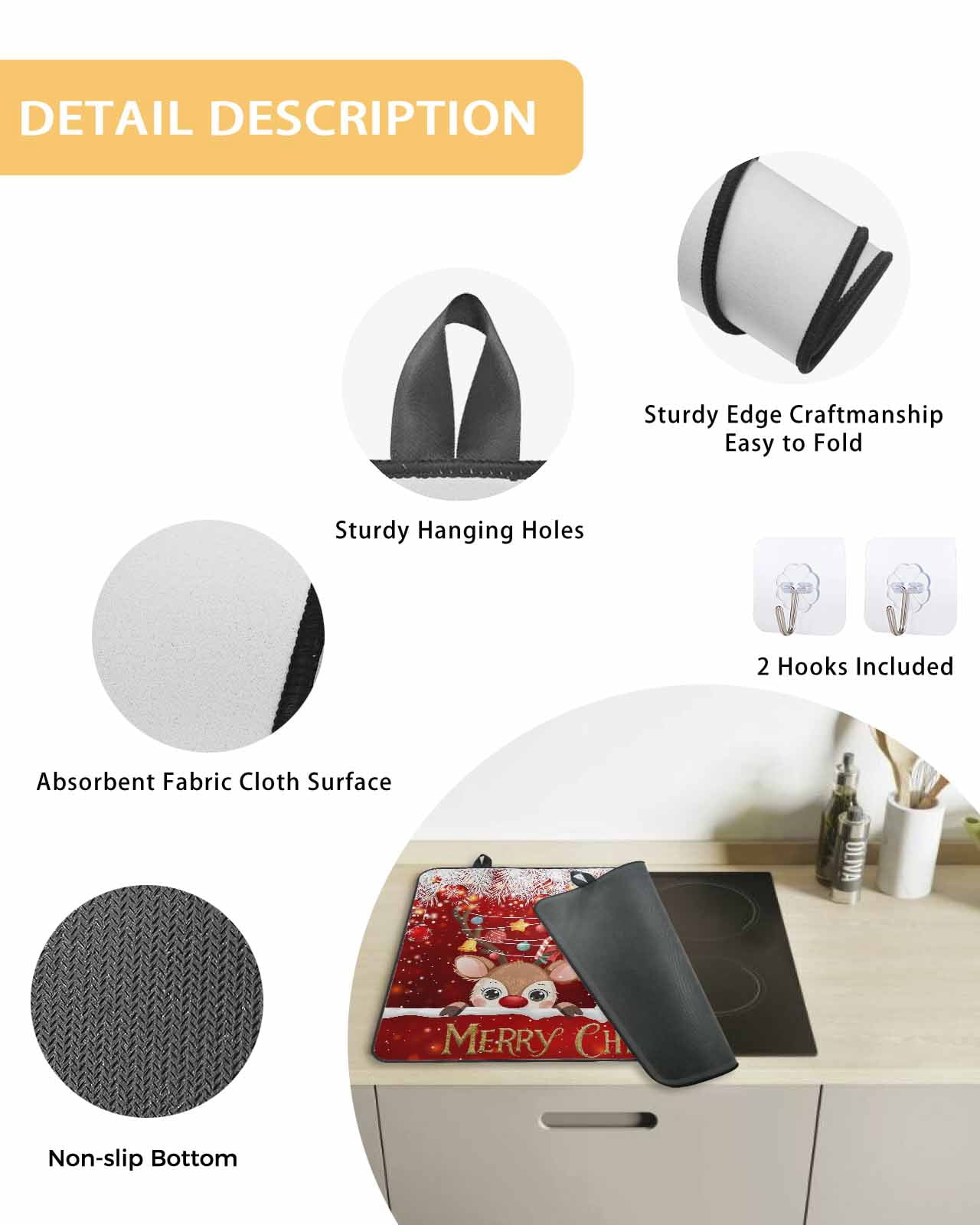 Large Induction Cooktop Protector Mat Red Christmas Stove Top Covers for Electric Stove, Santa Claus Deer Snowflake Pine Branches Ball Decorative Stove Burner Cover Mats, Glass Top Stove Cover