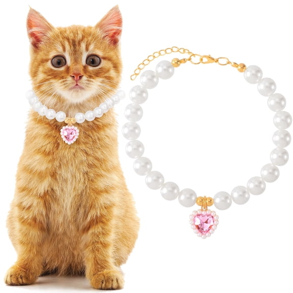 Miaocao Cat Pearl Collar with Heart Pendant, Cute Pink Pearl Pet Necklace, Adjustable Wedding Party Pet Jewelry Accessories for Puppy Kitten- S