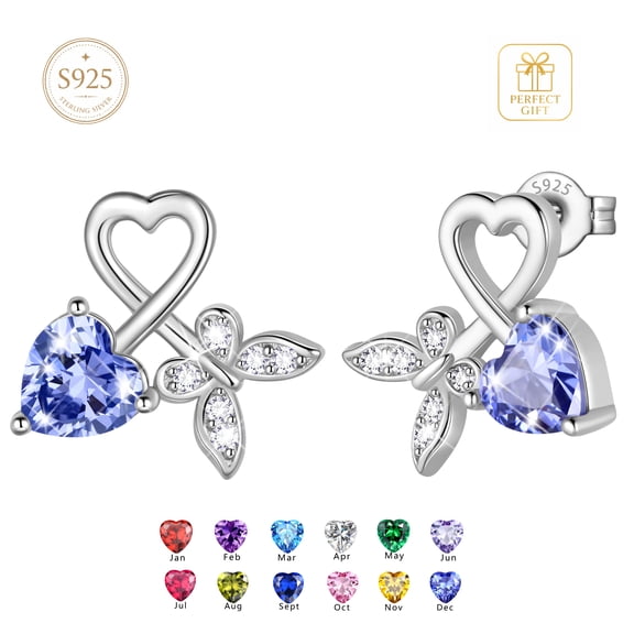 Beautlace 925 Sterling Silver Heart Stud Earrings,Butterfly December Birthstone Earrings Jewelry,Birthday Christmas Anniversary Gift for Women/Mom/Wife