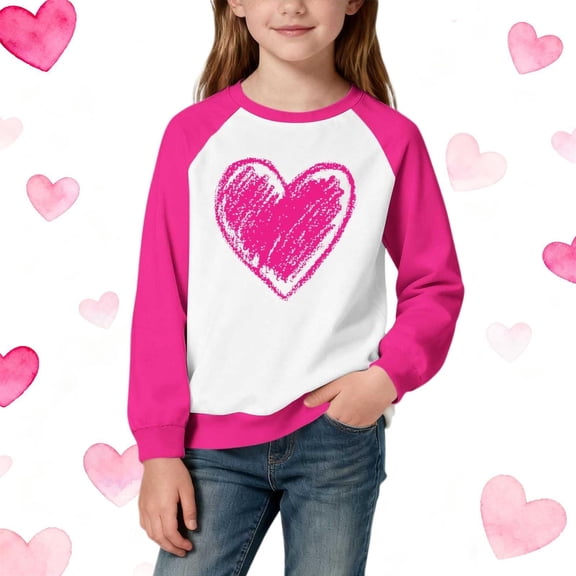 Tdoqot Girls Heart Print Sweatshirt- Casual Long Sleeve Pullover Cute Kids Spring Tops Hot Pink Size 4-14