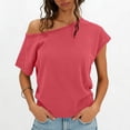 thumbnail image 3 of Craaazy Womens Short Sleeve Shirts Plus Size Loose Fit Solid Color Asymmetrical Neck Off The Shoulder Tops for Casual Summer, 3 of 9