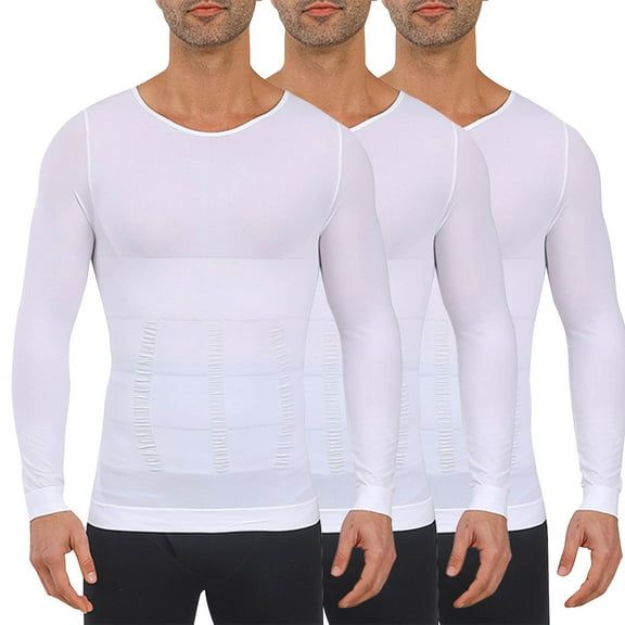 3 Pack Lightweight Workout Shirts Mens Stretchy Long Sleeve Running Gym Shirts Body Shaper Slimming Quick Dry Tops White, M