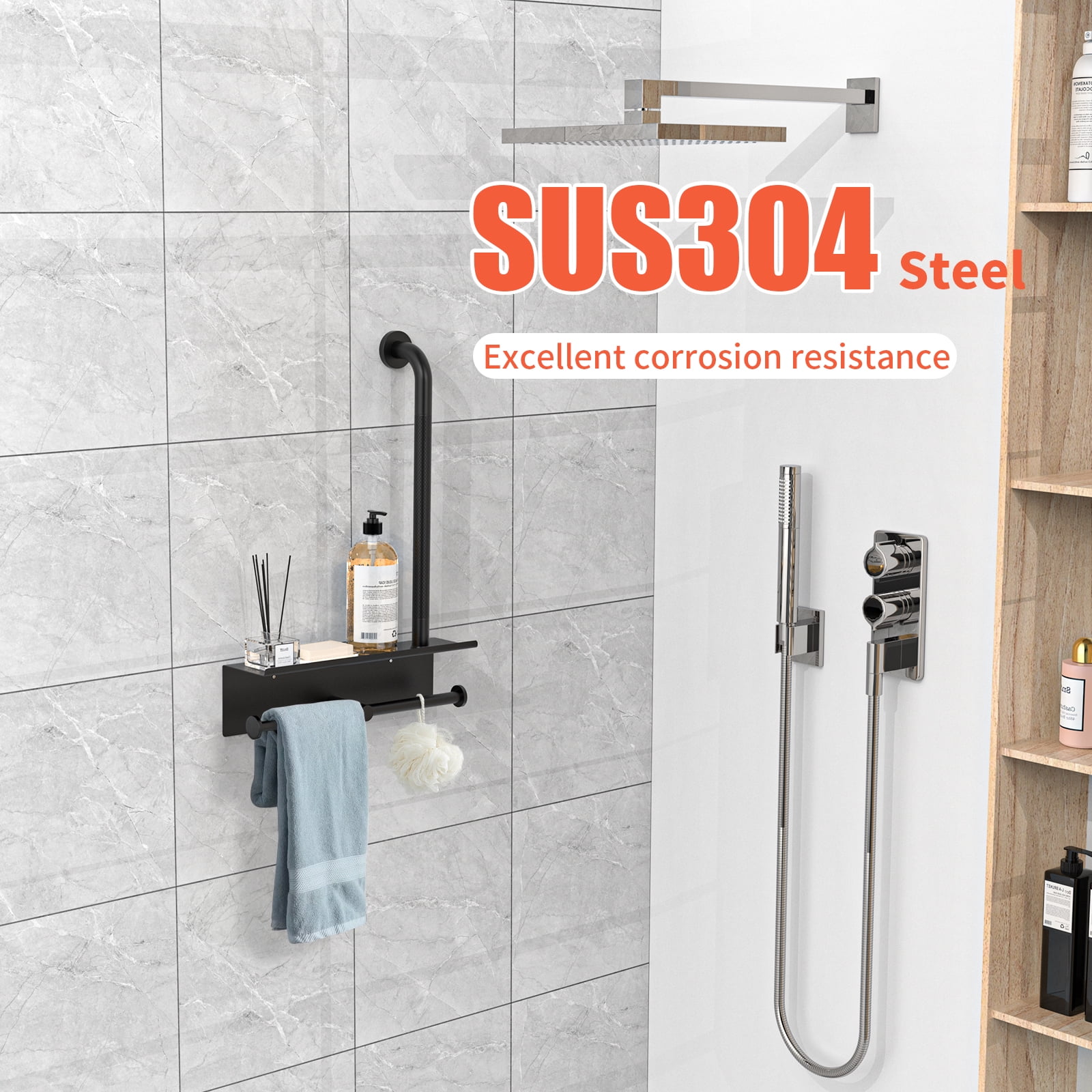 Bathroom Grab Bar with Shower Shelves, ZUEXT Black Toilet Paper Holder 3 in 1 Bathroom Organizers and Storage, Anti Slip Stainless Steel Safety Hand Rail for Handicap Elderly Senior Assist