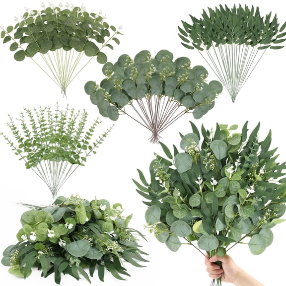 CandWuom 100pcs Artificial Eucalyptus Stems Bulk, 4 Kinds Mixed Greenery Fake Plants Faux Leaves Picks, Perfect for DIY Bouquets, Home and Wedding Decor