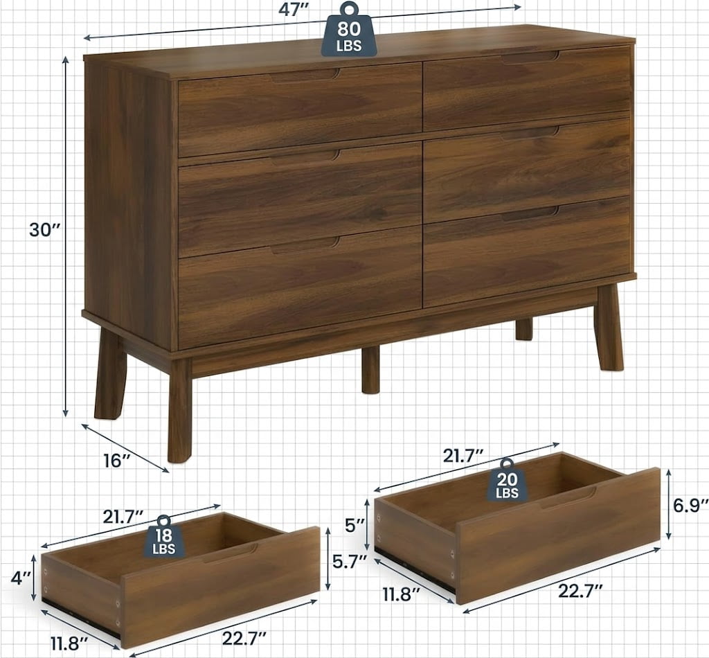 VLTALOOM  47" Wide 6-Drawer Dresser, Mid-Century Modern Wooden Double Dresser for Bedroom, Dark Walnut Wood Grain Large Horizontal Storage Chest for Living Room with Anti-Tip Kit