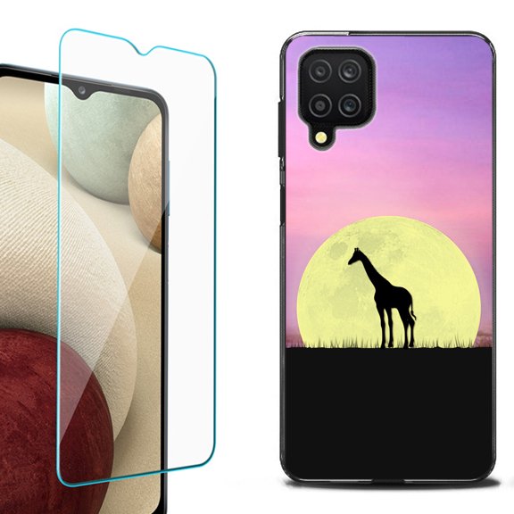 Slim-Fit Flexible TPU Gel Phone Case (black) for Samsung Galaxy A12, with Tempered Glass Screen Protector, by OneToughShield ® - Moonlight Giraffe
