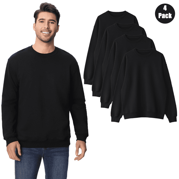 Zfeel Men's Crewneck Sweatshirt, Long Sleeve Pullover Blank Comfort Fleece, Black Color, 4-Pack, S