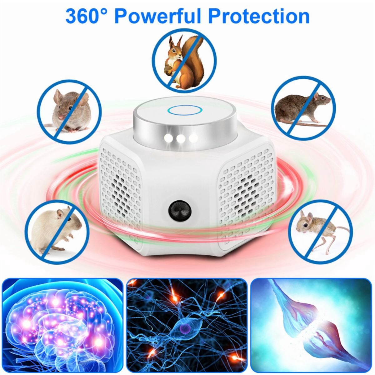 Indoor Ultrasonic Electronic Device, Dual Ultrasonic Speakers with 22‑35KHz & 25KHz Frequency, 4 Operation Modes, 9‑LED Strobe Light, Rated 3229 Sq.ft Coverage for Home Garage Basement Warehouse