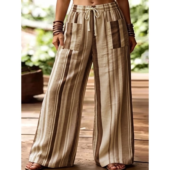 Women Striped Wide Leg Drawstring Elastic Waist Trousers with Pockets