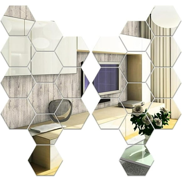24 pieces Hexagon Wall Mirror, Silver Wall Adhesive Mirror 126×110×63mm, Acrylic Hexagon Self-Adhesive Wall Mirrors for Sofa TV Background Decoration, Bedroom, Living Room