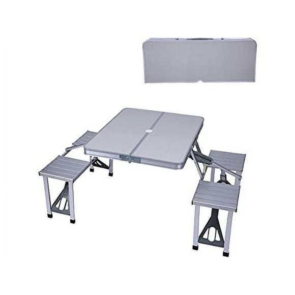 MPM Folding Camping Table Chair Set - Silver, Aluminum Suitcase Portable Camping Picnic Table with 4 Seats, Umbrella Hole for Party, BBQ, Beach
