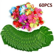 CALANS 60Pcs Tropical Party Decorations Supplies Tropical Palm Leaves Hibiscus Flowers Simulation Artificial Leaf for Hawaiian Luau Safari Party Jungle Beach Theme BBQ Birthday Party Decorations Table Decor