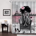 thumbnail image 2 of Hadint 4-piece Pink African American Girl Shower Curtain Set, Paris Eiffel Tower Art Pattern Shower Curtain and Rug Set, 12 Pcs Hooks, 71inx71in, 2 of 12