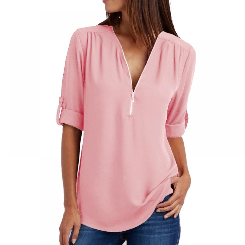 Women's 3/4 Sleeve Solid Shirts Zip Casual Tunic Blouse Tops