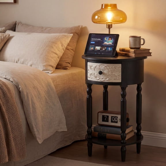 MOALCOFER Nightstand with Drawer, End Table with Open Shelf, Vintage French Carved Accent Side Table for Bedroom Living Room, Black