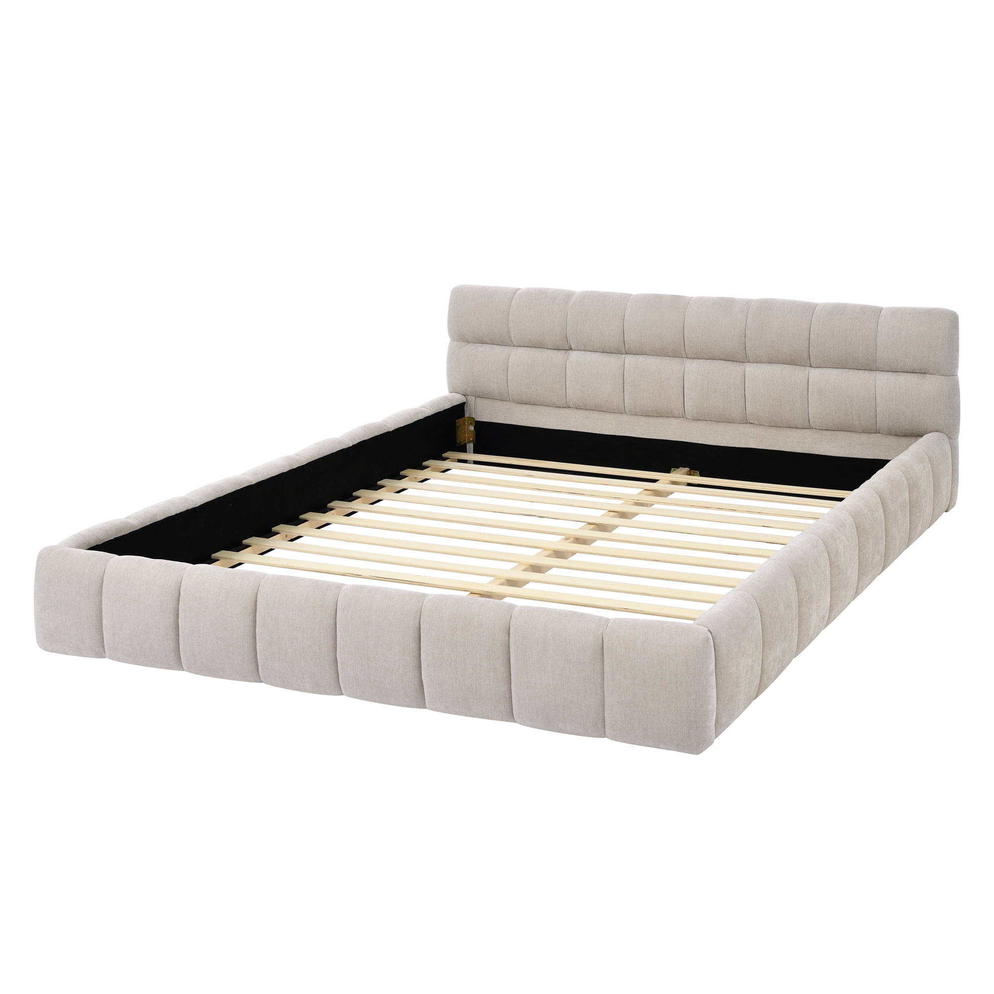 Gewnee Queen Upholstered Platform Bed, Thick Chenille, Sturdy Frame, Beige , No Box Spring Needed，Suitable for Bedrooms