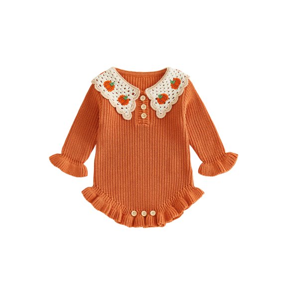 RUINIXCW Newborn Baby Girl Fall Winter Knit Romper Sweater Infant Baby Girl Thanksgiving Halloween Outfit Pumpkin Lapel Long Sleeve Bodysuit Jumpsuit