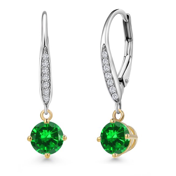 Gem Stone King 925 Silver and 10K Yellow Gold Green Created Emerald and Lab Grown Diamond Dangle Earrings for Women | 1.78 Cttw | Gemstone May Birthstone | Round 5MM