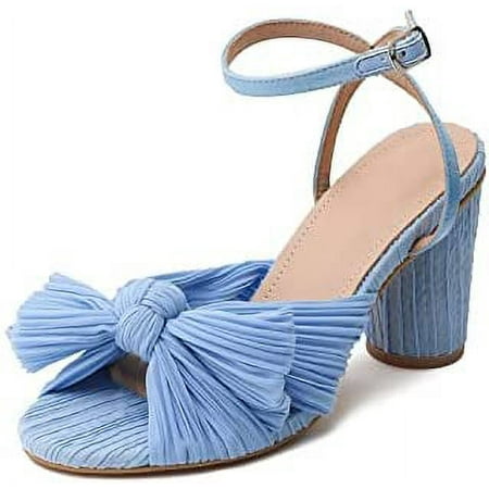 

Womens High Block Chunky Heel Sandals Fashion Open Toe Ankle Buckle Strap Pleated Bow Heel Sandals Wedding Dress Shoes Pumps