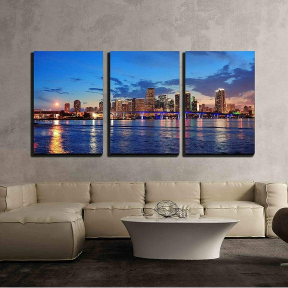 wall26 - 3 Piece Canvas Wall Art - Miami City Skyline Panorama at Dusk with Urban Skyscrapers and Bridge over Sea - Modern Home Decor Stretched and Framed Ready to Hang - 16"x24"x3 Panels