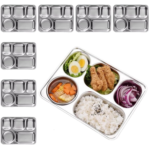 Stainless Steel Divided Dinner Plates Set of 8, Metal Food Trays Serving Plate with 5 Compartment for Adults, Picnic