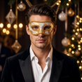 thumbnail image 4 of Masquerade Mask White Gold Floral Fabric Design Masquerade Mask for Men with Ribbon Tie for Party Masquerade Ball Events, 4 of 6