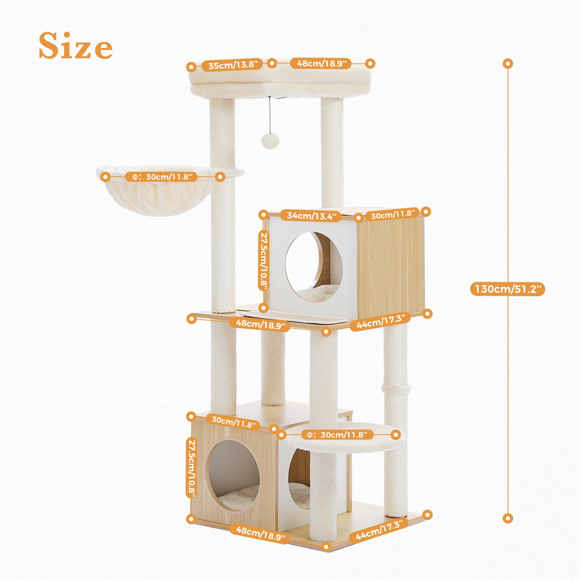 Kadyn 51" Modern Cat Tree Tower for Indoor Cats, Wood Condo with Hammock, Scratching Post and Removable Pads for Small Large Cats, Beige
