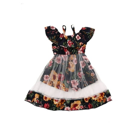 

Kiapeise Toddler Girls Floral Print Off Shoulde Dress Lace Tutu Princess Dress