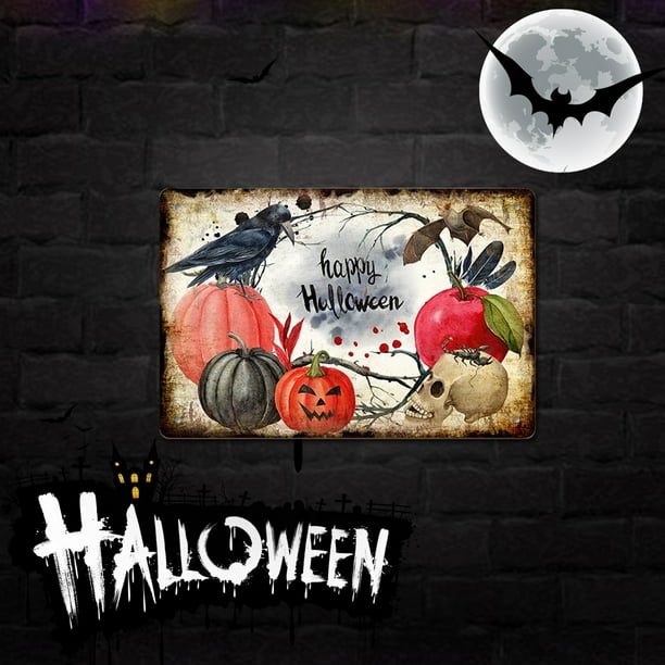 Letrero Metálico de Halloween de 30 X 20 Cm para Decoración de Pared | Decoración de Halloween para Interiores | Placa de Hojalata Multicolor Resistente con Agujeros Pretaladrados | Ideal para Parede