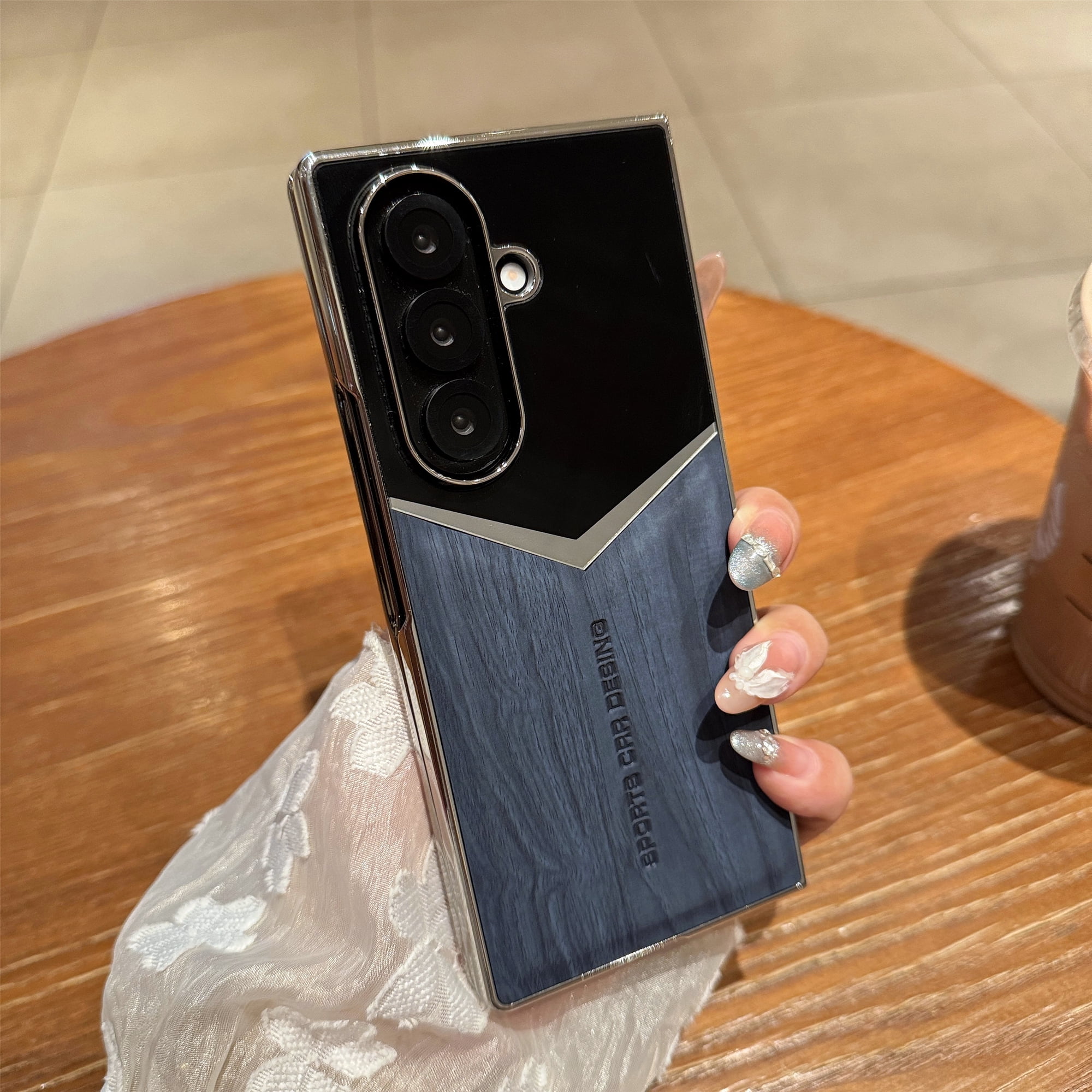 Slim Lightweight Protective Case for Samsung Galaxy Z Fold 8 Ultra Wood Grain PU Leather Shell with Plating Decor Frame Hard PC Back and Built‑in Outer Screen Protector Blue