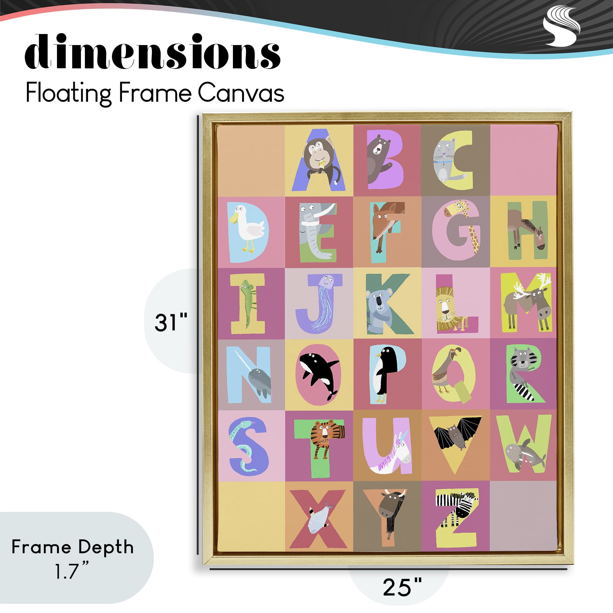 Stupell Industries Animal Alphabet in Pink Gold Framed Floater Canvas Wall Art, design by Carla Daly