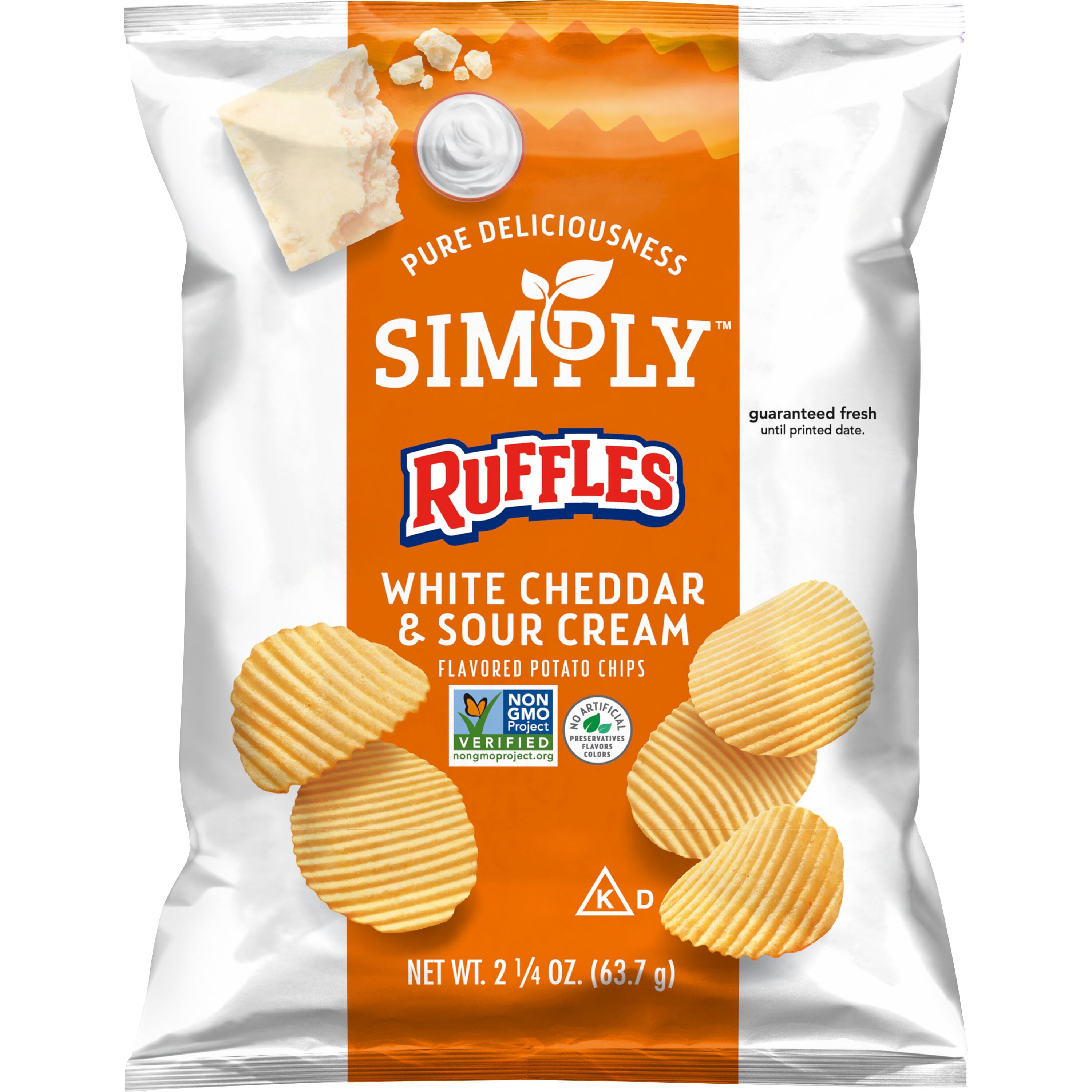 Ruffles Simply Potato Chips White Cheddar & Sour Cream Snack Chips, 2.25 oz Bag