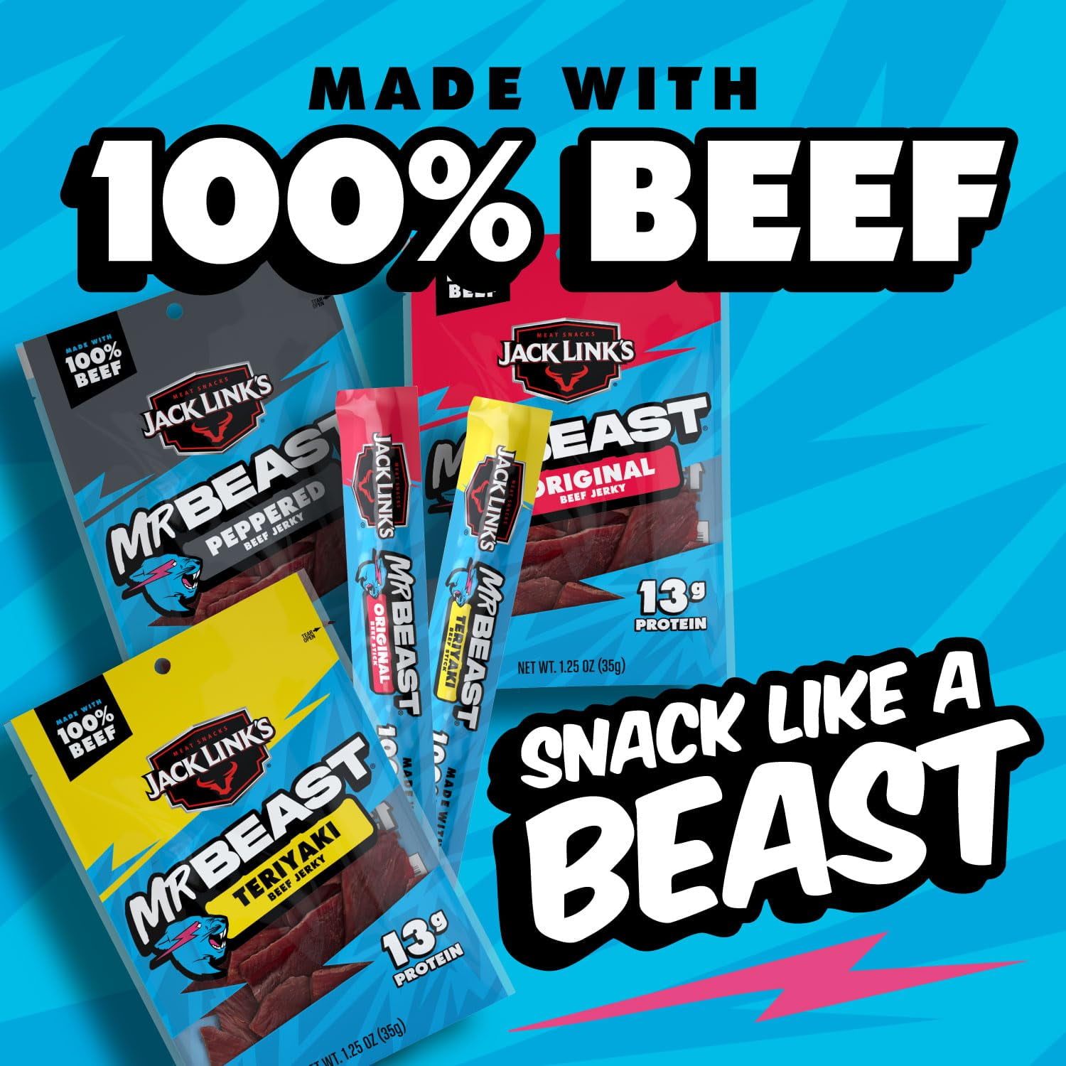 Jack Link’s x MrBeast Beef Jerky Variety Box, As Seen on Beast Games, Made with 100% Real Beef, Jerky Bags, Beef Sticks, Pantry-Ready Snacks, 9 Count Variety Pack