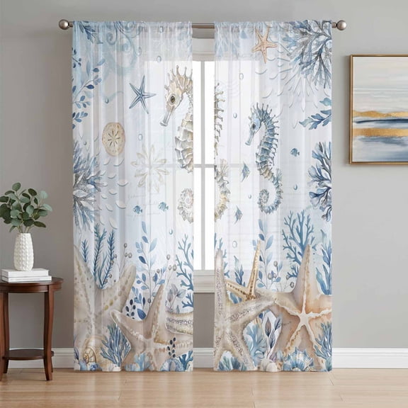 Coastal Seahorse Sheer Curtains 72 Inch Length 2 Panels Set, Summer Ocean Starfish Corals Blue Voile Window Treatment Rod Pocket Curtains Sheers Drapes for Bedroom/Living Room/Kitchen 52"x72"x2