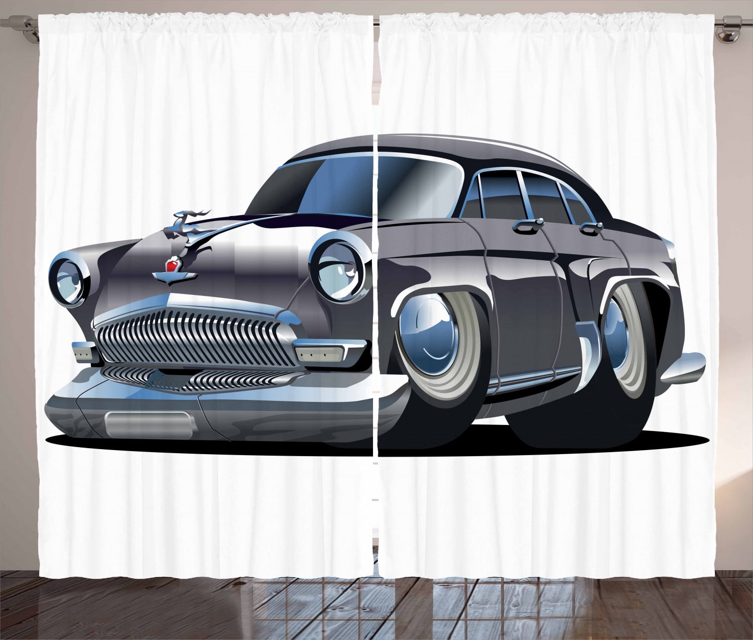 Cars Curtains 2 Panels Set, Retro Inspired Car Design with Asymmetric