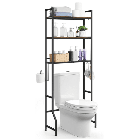 SolidPal 3 Tier Freestanding Over The Toilet Storage Shelf, Wooden Organizer with Hooks & Toilet Paper Holder for Bathroom