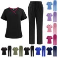 thumbnail image 4 of cocolona Scrubs for Women Set Short Sleeve V-Neck Scrubs Tops Drawstring Straight Pants Workwear Uniform Sets Work Clothes Hot Pink L, 4 of 4