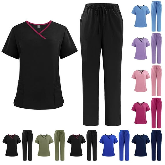 Jinhomg Womens Scrubs with Pockets Casual Colorblock V-Neck Caregiver Tops and Straight Leg Long Pants 2 Piece Loose Fit Nurse Workwear Army Green XL