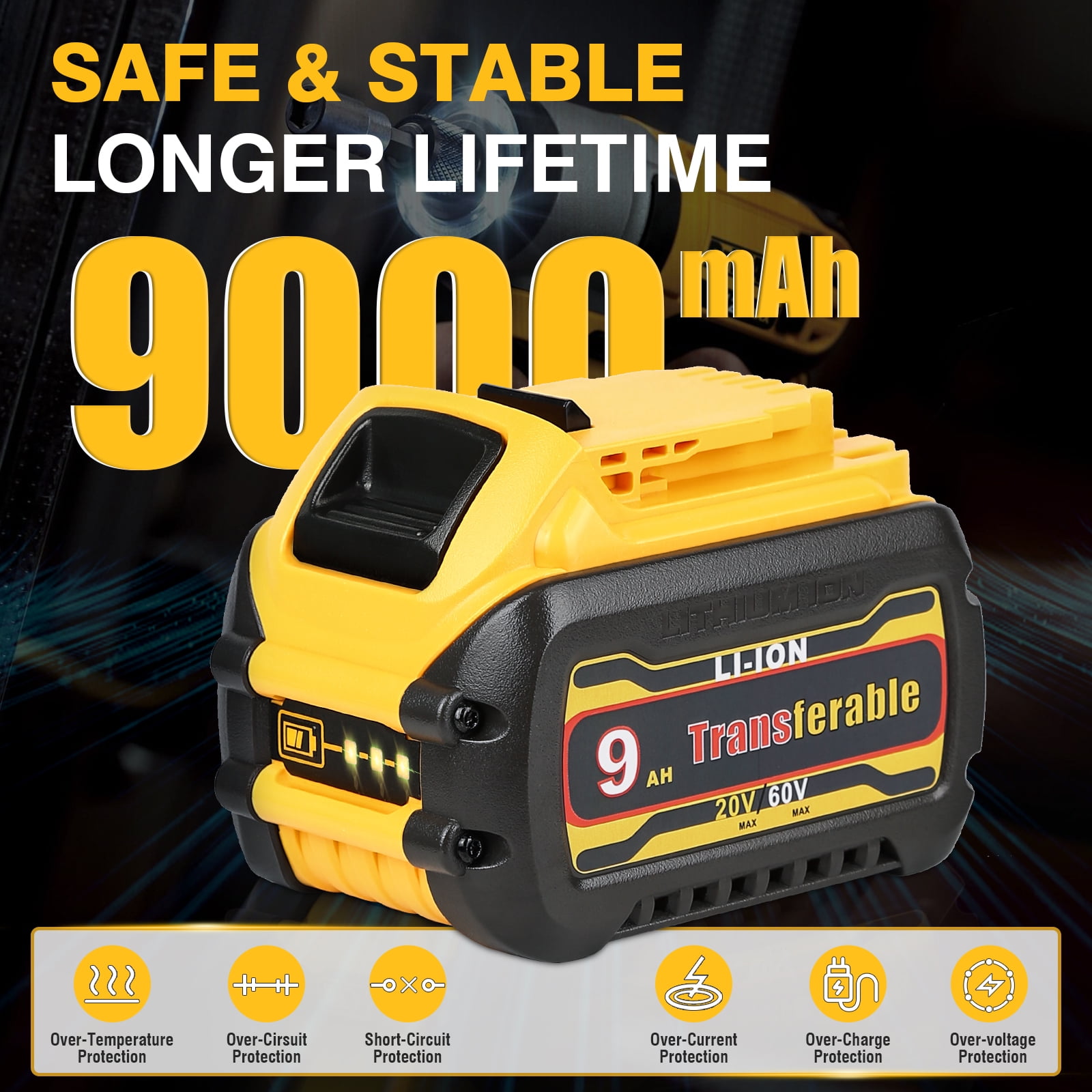 Sunbat 20V/60V 9.0Ah Battery Replacement for de--walt Battery 1 Pack