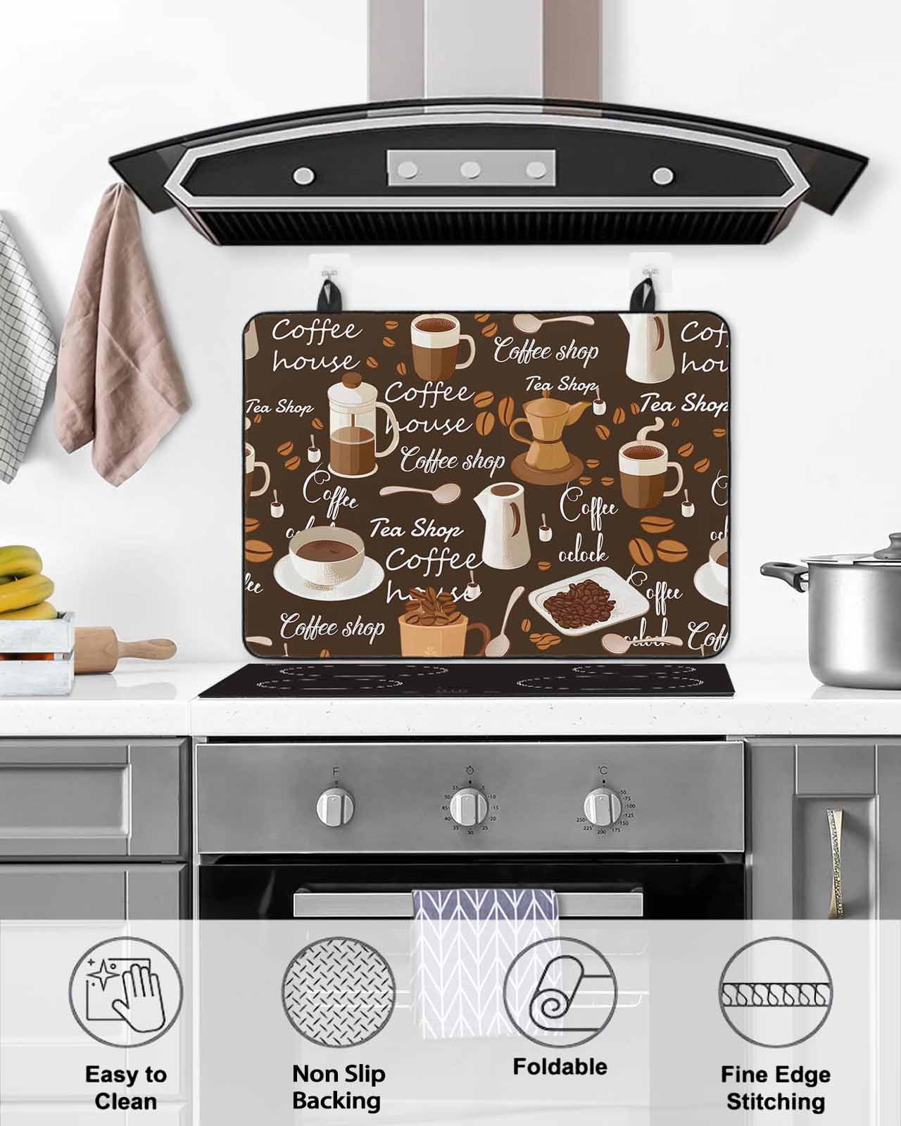 Large Induction Cooktop Protector Mat Coffee Stove Top Covers for Electric Stove, Brown Retro Coffee Theme Beans Latte Tea Cup Decorative Stove Burner Cover Mats, Glass Top Stove Cover