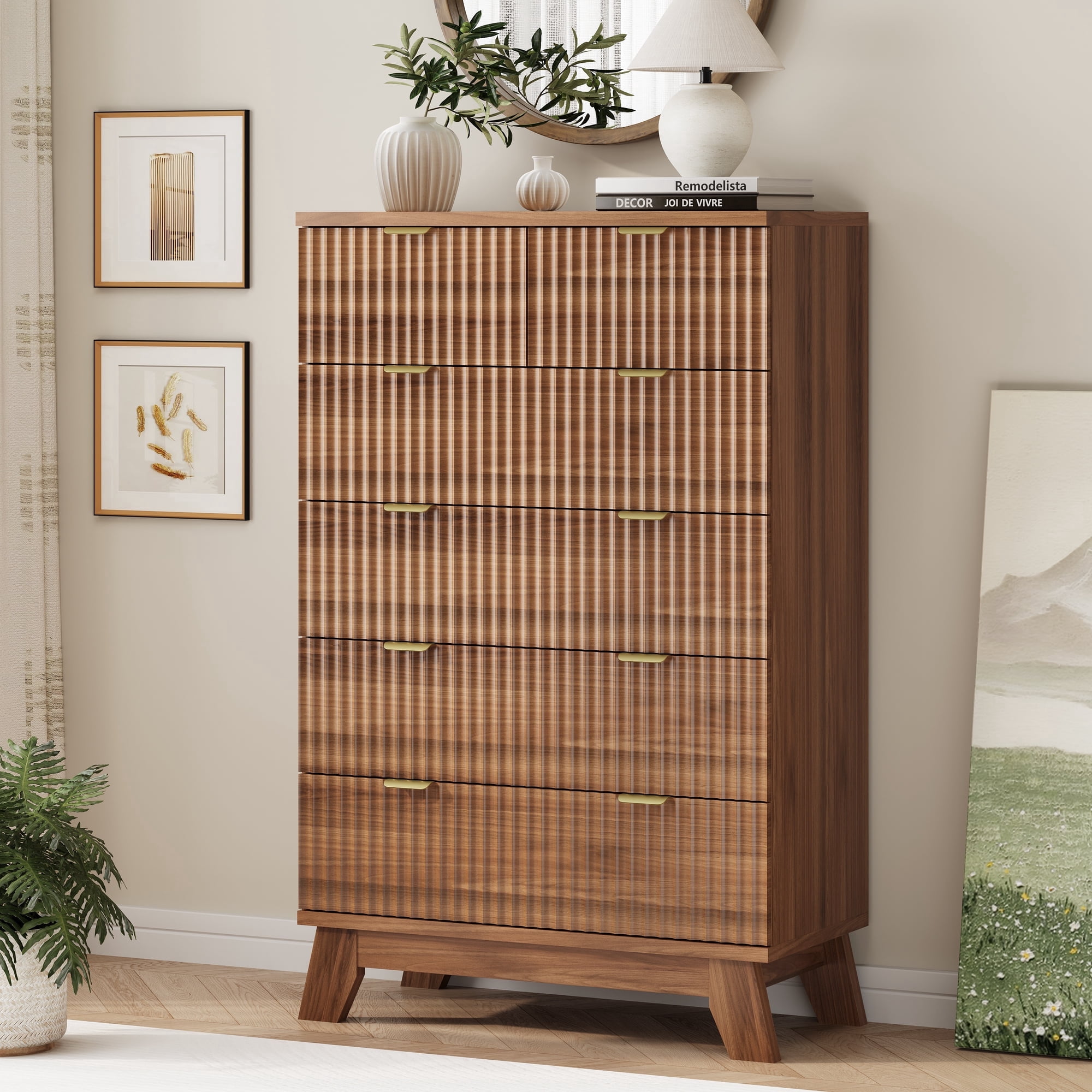 FANRAL Tall 6 Drawers Dresser Fluted Dresser for Bedroom,Wooden Chest of Drawers Modern Dresser for Closet,Walnut Dresser