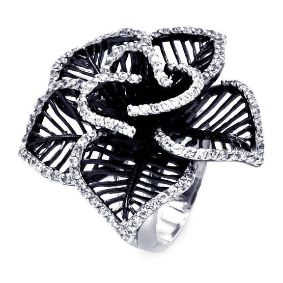 Sterling Silver 925 Black Rhodium Plated Clear CZ Open Flower Ring White Jewelry Female Size 5
