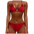 thumbnail image 2 of Halter Triangle Bikini Set Two Piece Low Rise Swimsuit Cheeky Full Lining Moderate opening for easy movement Fasten rear strings to lock fit Red S, 2 of 3